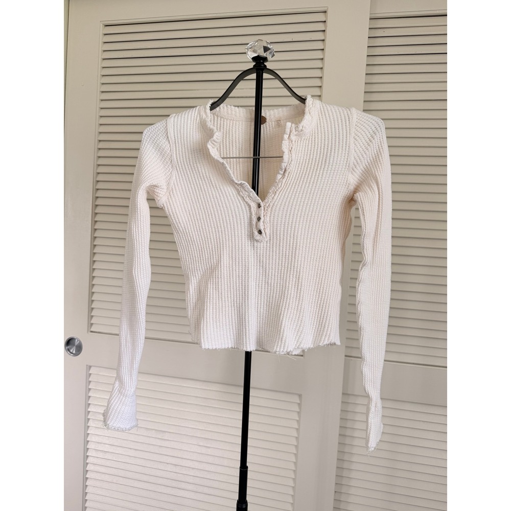 Free People FP One Thermal Henley Top Ivory Cream Waffle Knit XS